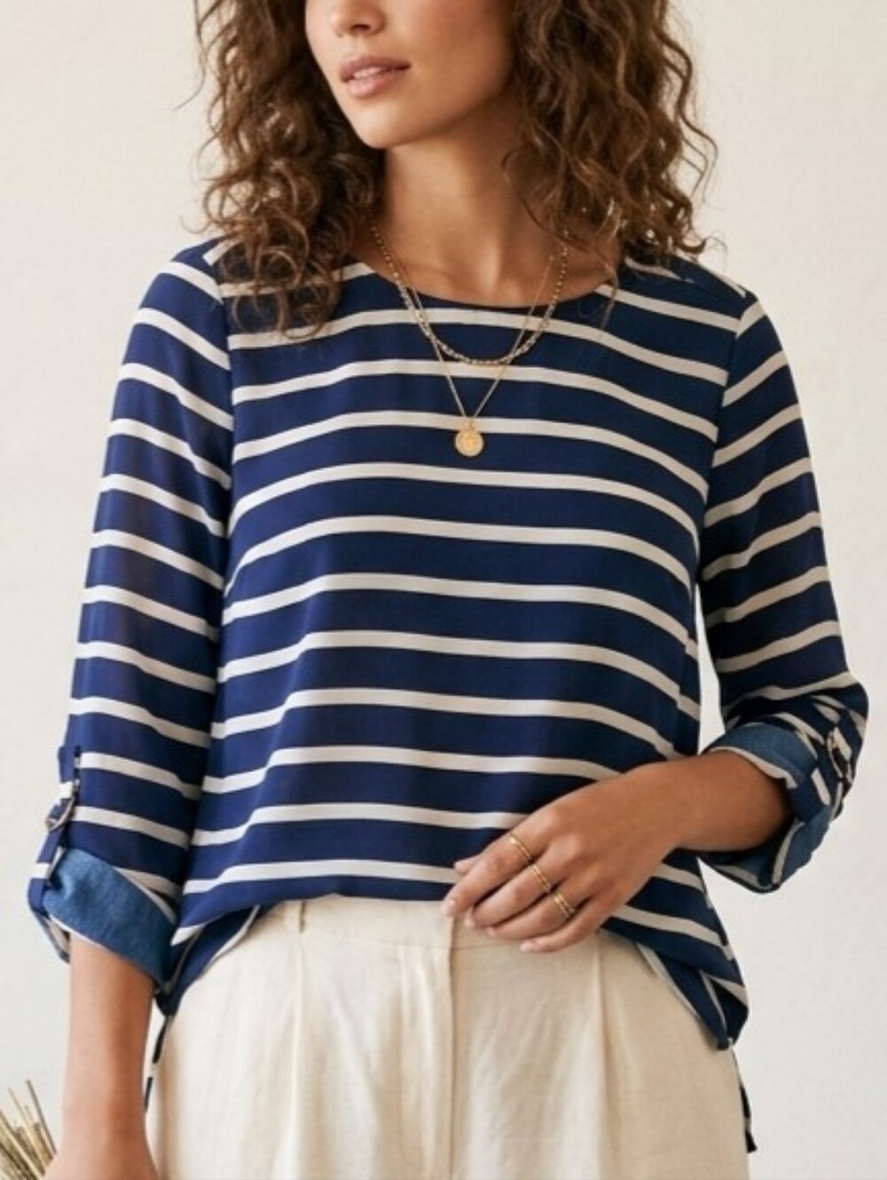 🟣 Sz S Striped Navy and White Roll-Sleeve Women's Top